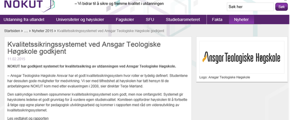 Kvalitetssikringssystemet ved Ansgar høyskole godkjent