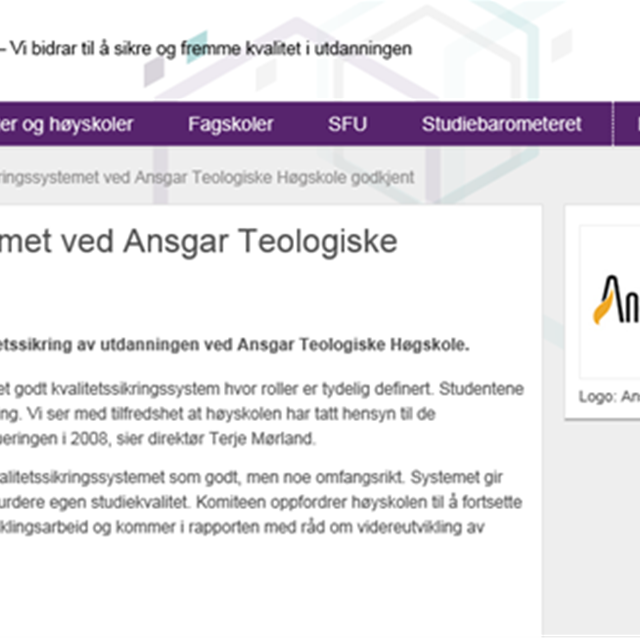 Kvalitetssikringssystemet ved Ansgar Teologiske Høgskole godkjent